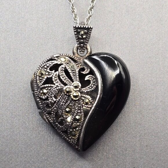 FAS Jewelry - VTG FAS Sterling Silver Marcasite Onyx Heart Locket Pendant 1" Cutouts Signed